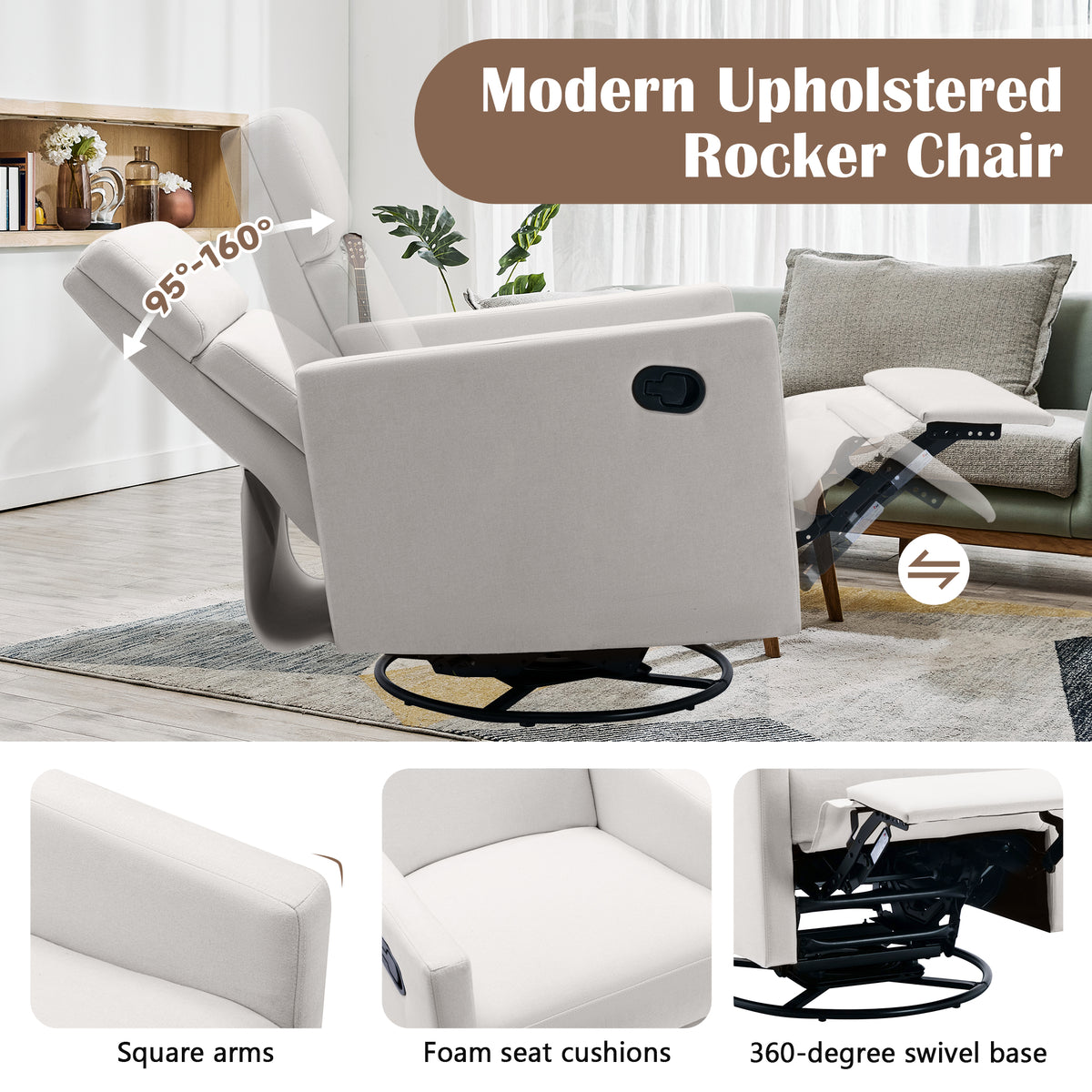 Beige Modern Upholstered Rocker Recliner Chair
