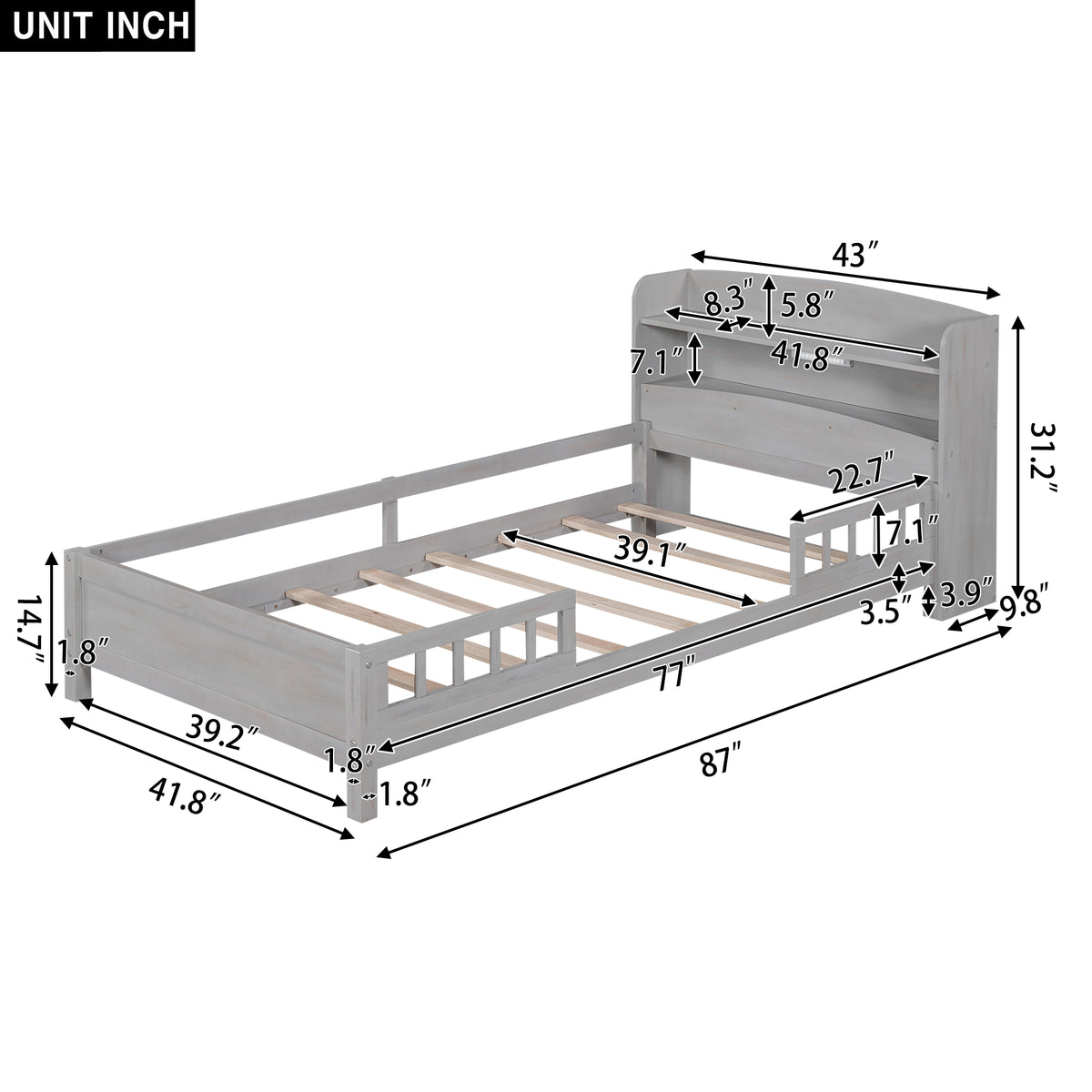 Wood Platform Bed Antique Gray
