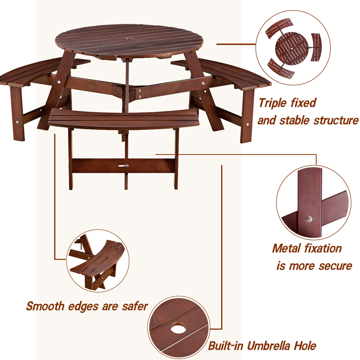 6-Person Circular Picnic Table – Brown Finish