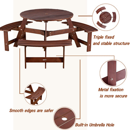 6-Person Circular Picnic Table – Brown Finish
