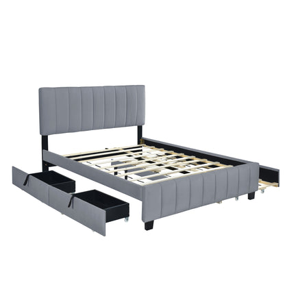 Velvet Upholstered Queen Platform Bed with Trundle Gray