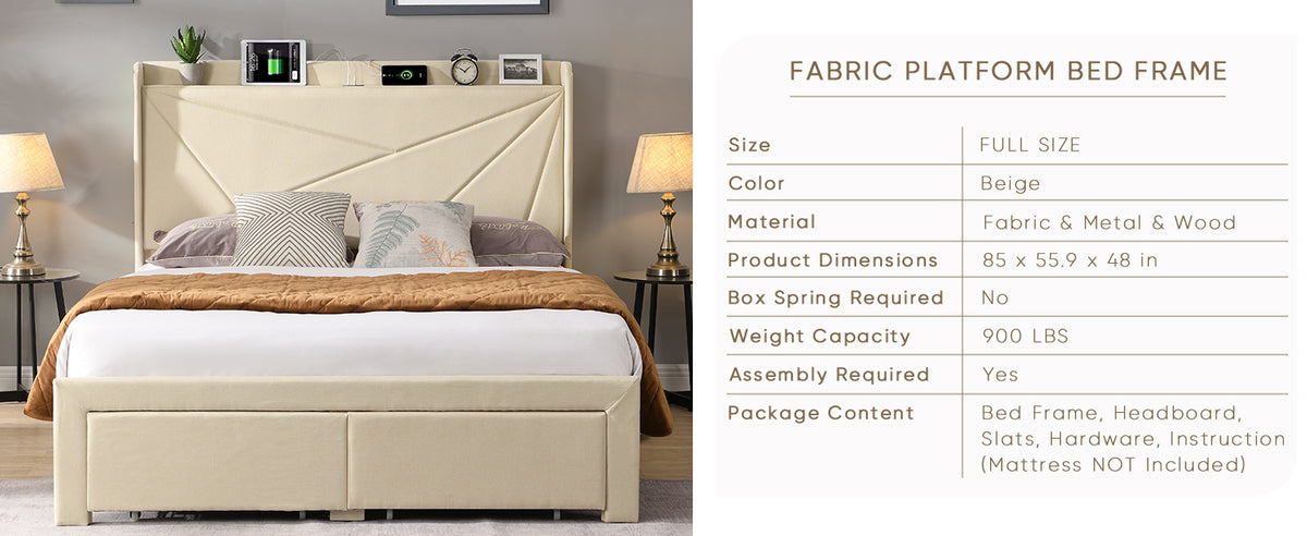 Full Size Upholstered Bed with Drawers – Beige