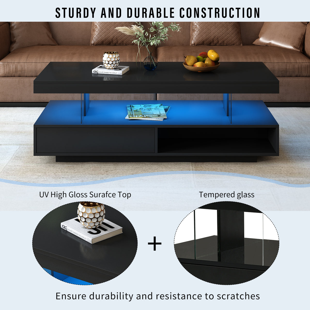 LED Coffee Table with Display and Storage Black