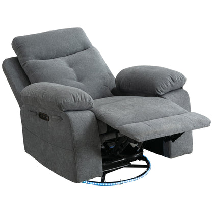 Light Gray 270° Swivel Power Recliner Chair – Linen Upholstery with Bluetooth, LED, USB Charging & Storage