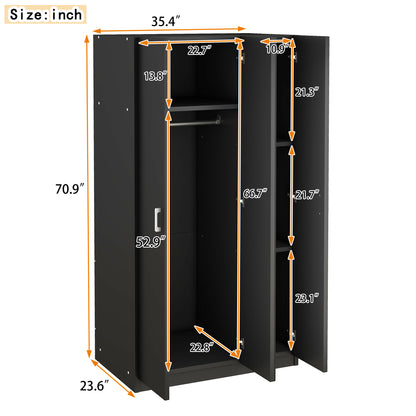 3-Door Wardrobe with Mirror Black