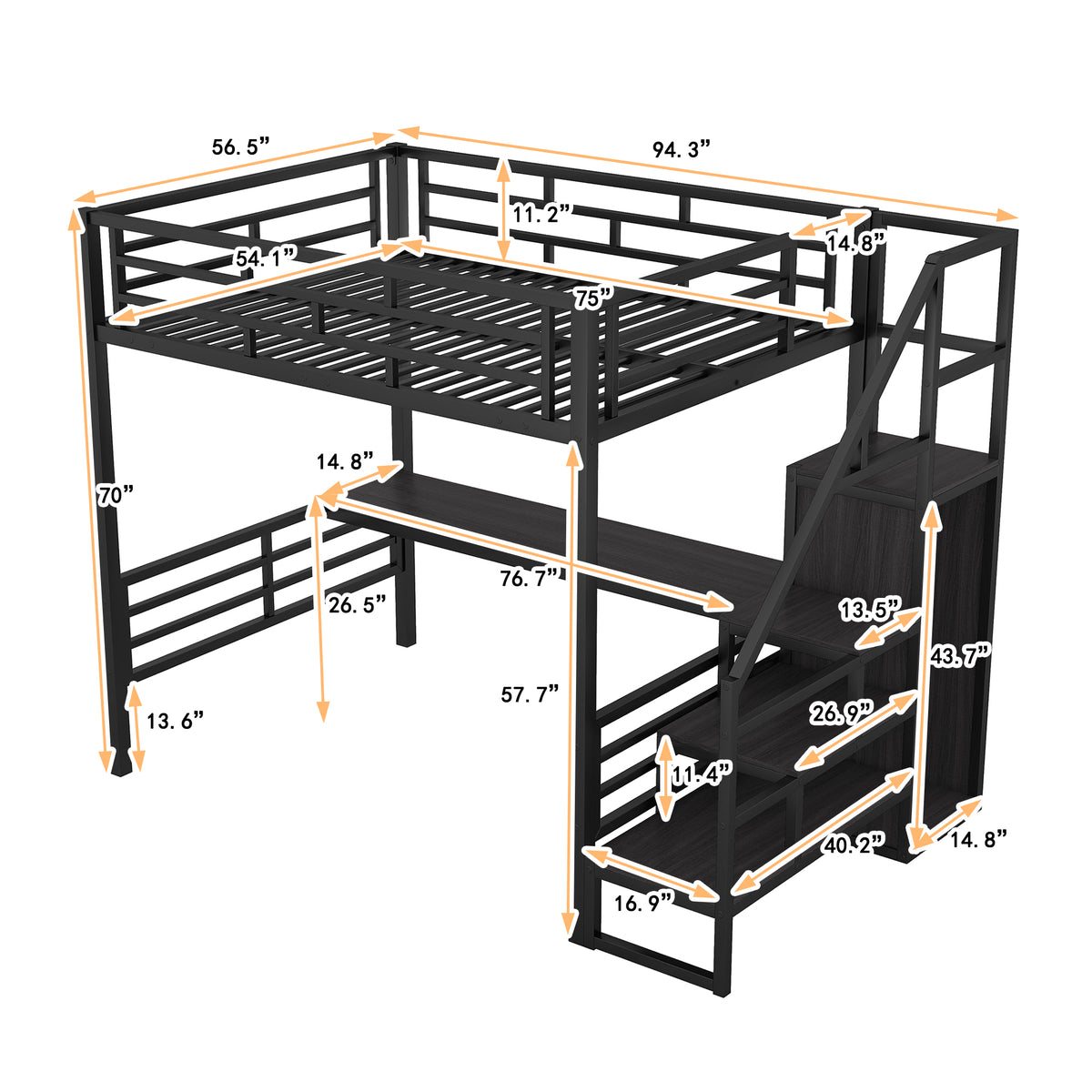 Full Metal Loft Bed with Desk Black