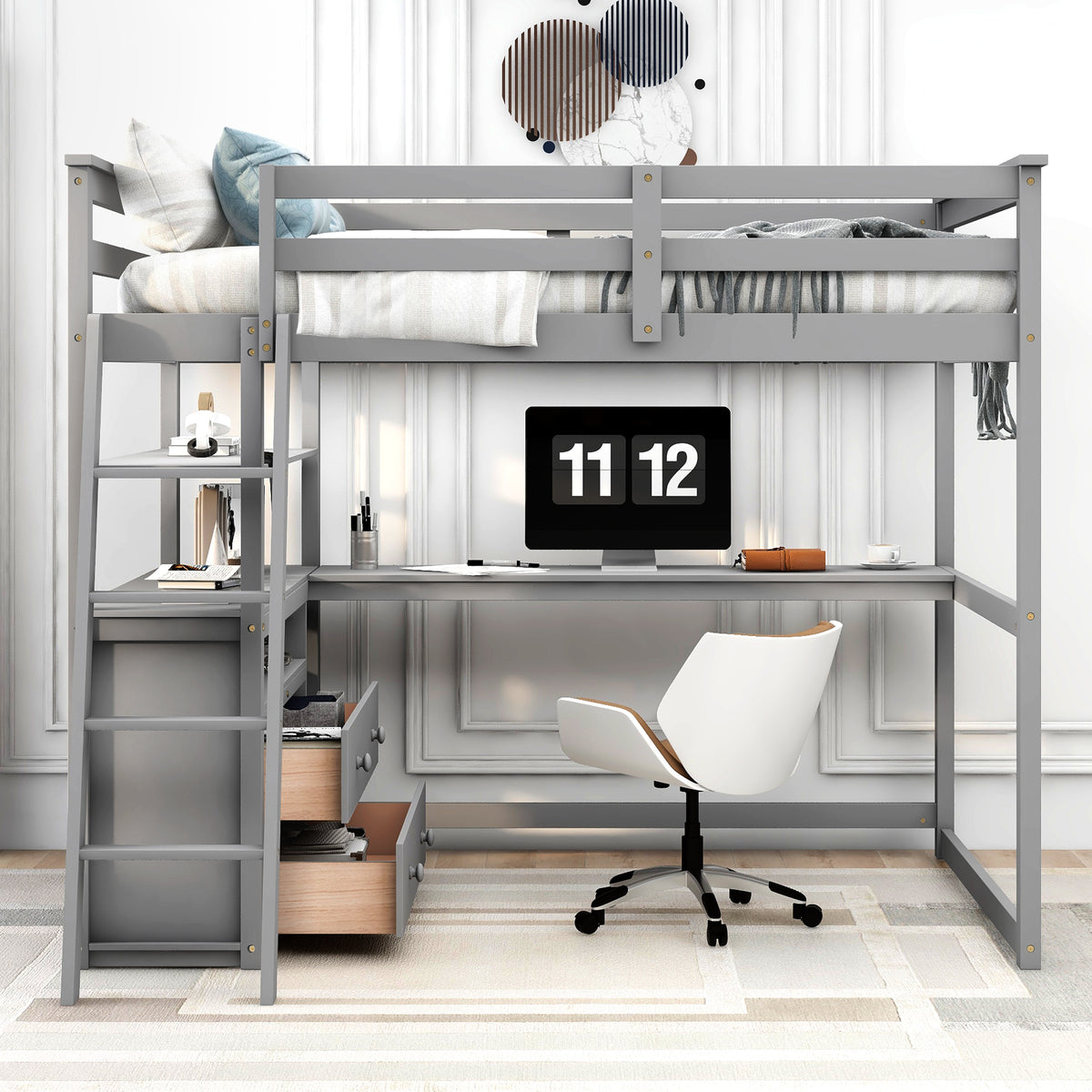 Full Loft Bed with Shelves Gray