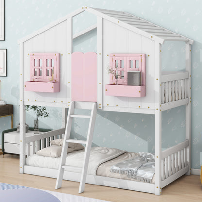 Twin House Bunk Bed with Ladder Pink White