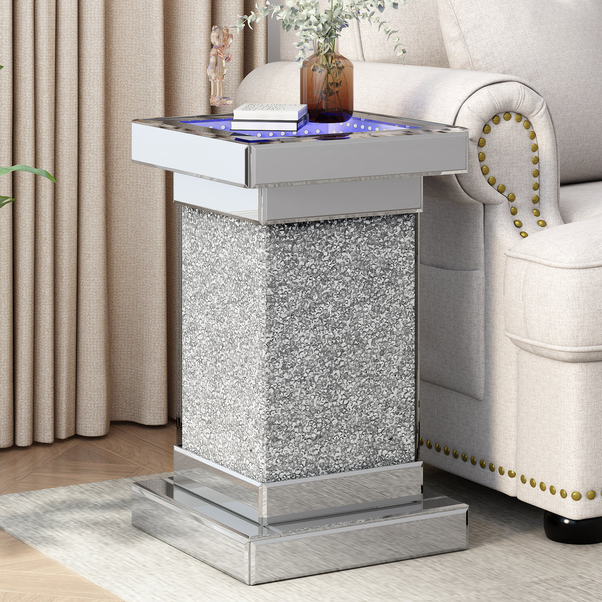 Silver Mirrored Coffee Table – LED Diamond Edge