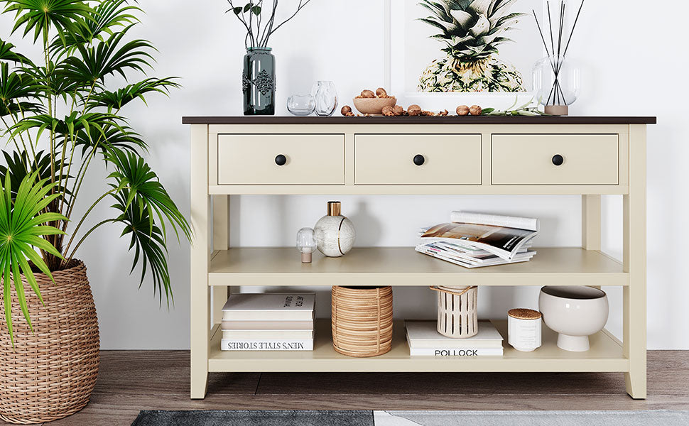 Beige Wood Console Table – Espresso Accents