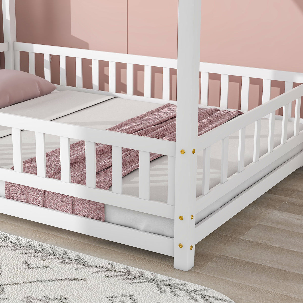 Full Wooden Bed with House Roof Frame White