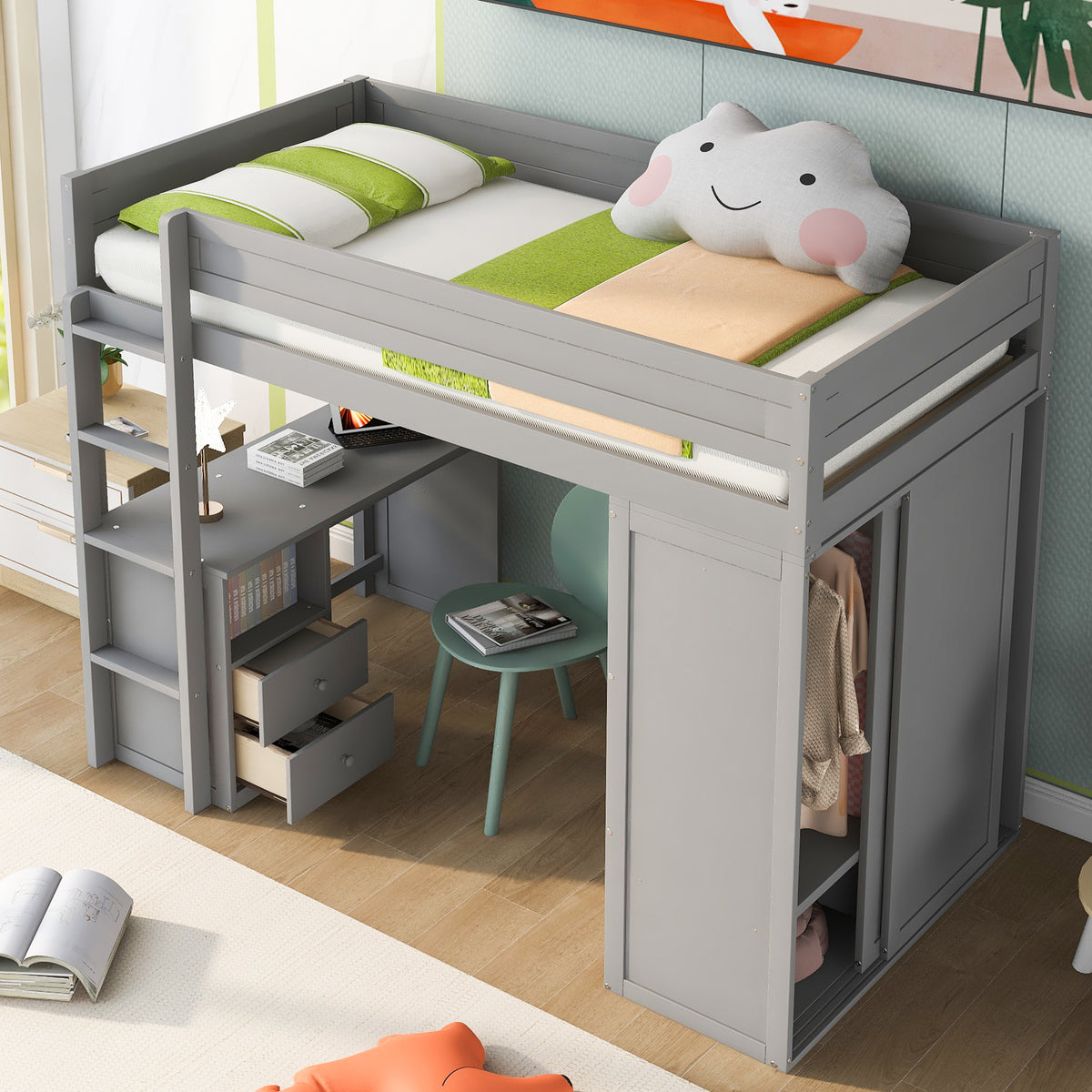 Twin Loft Bed with Wardrobe Gray