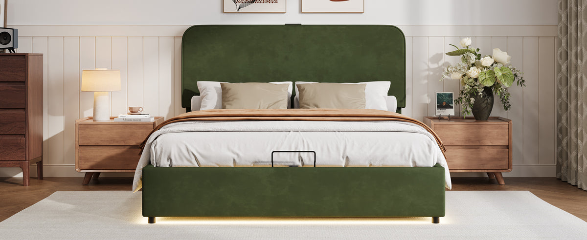 Hydraulic Storage Bed with LED Lights Green