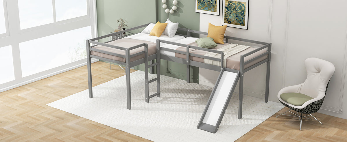 L-Shaped Twin Loft Bed with Slide Gray