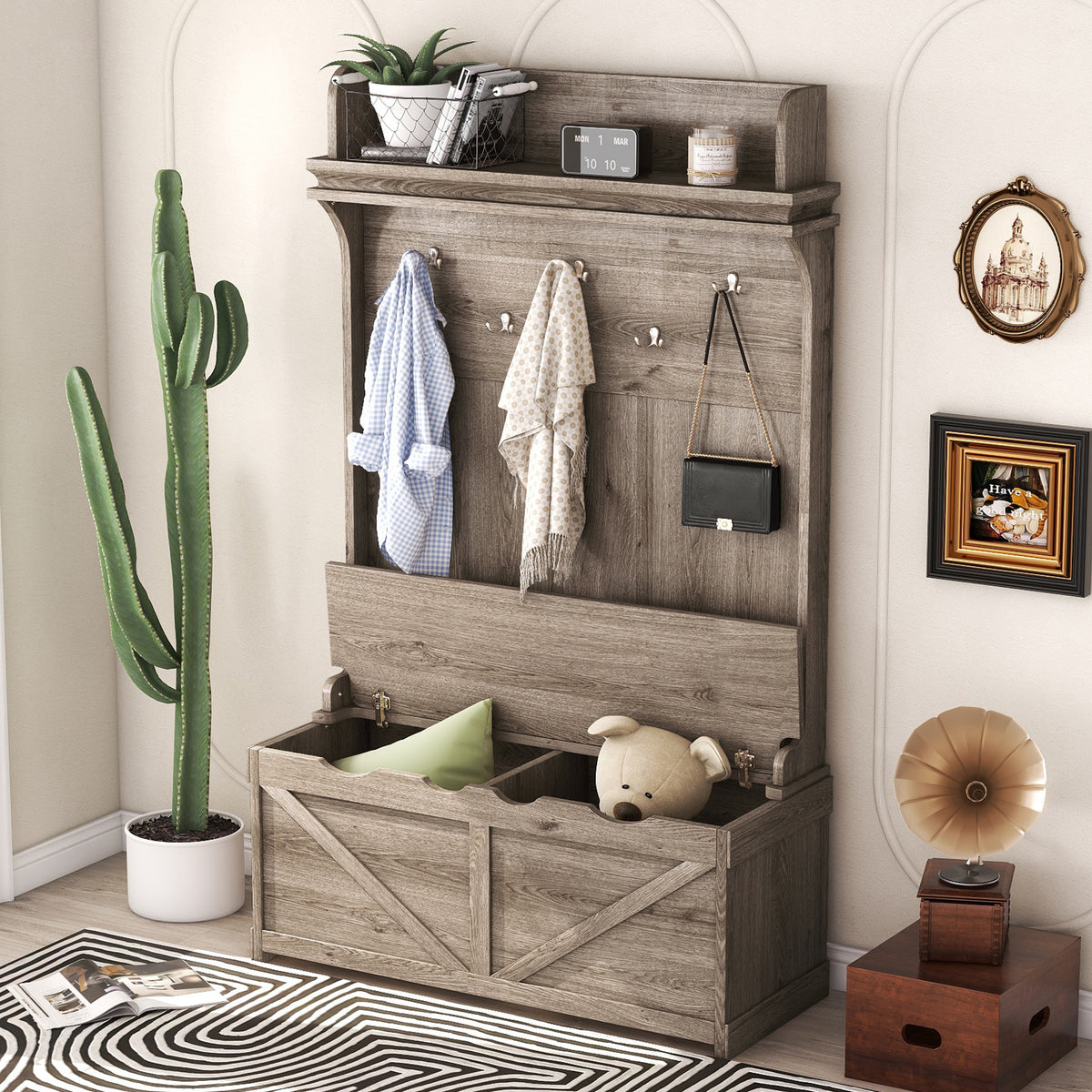 Oak Hall Tree with Hooks, Shelves, and Storage Bench