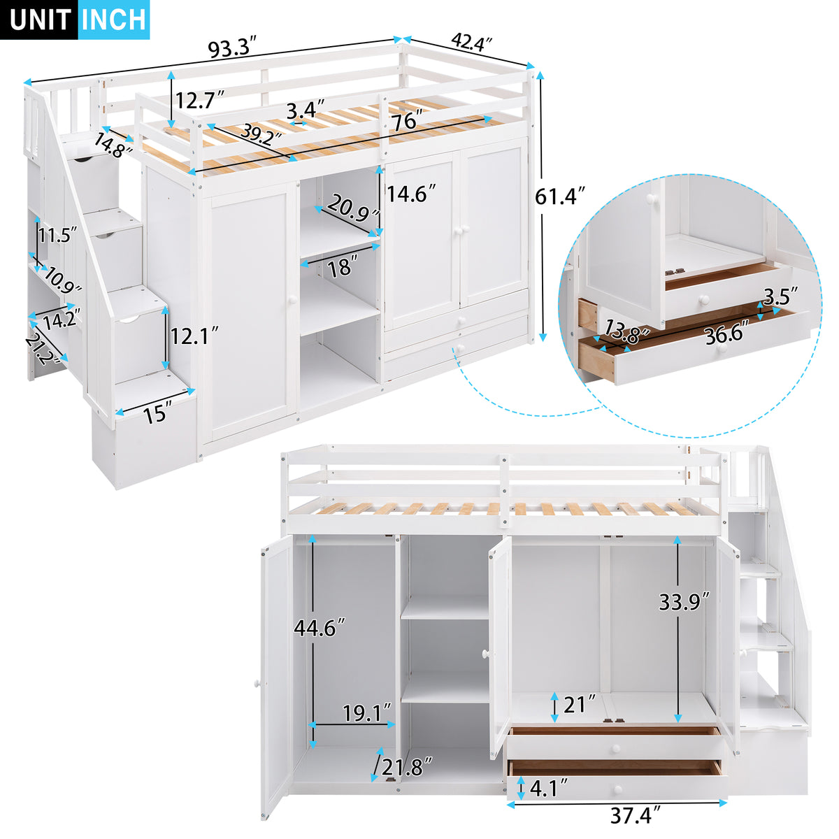 White Loft Bed with Storage and Ladder