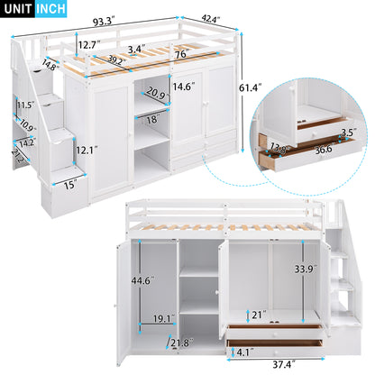 White Loft Bed with Storage and Ladder