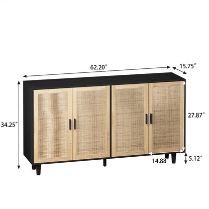 62-Inch Black Rattan 4-Door Storage Cabinet