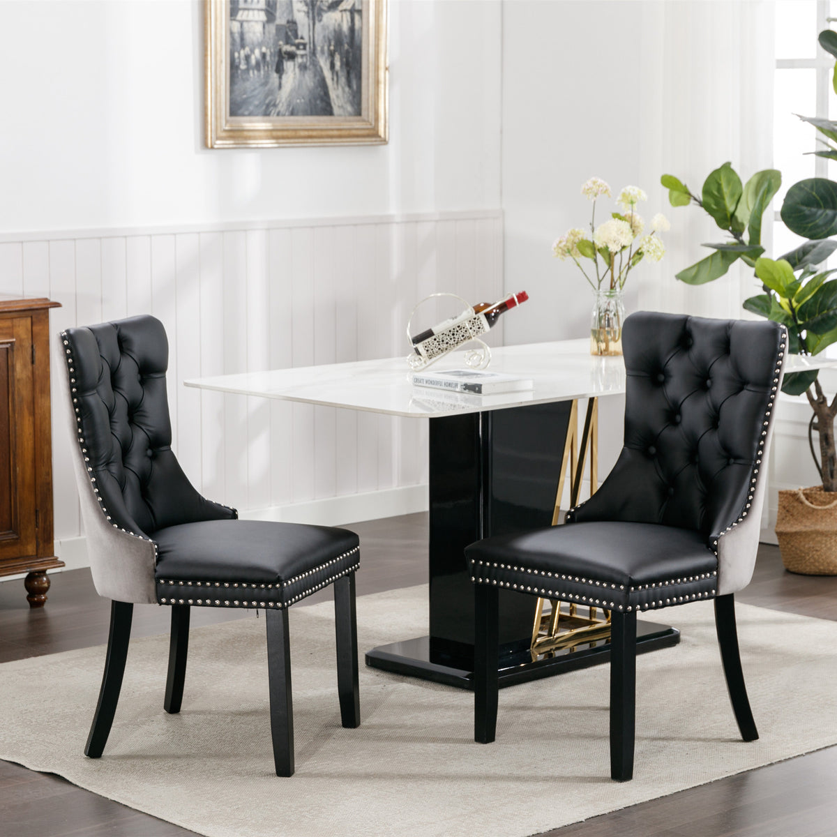 Tufted PU Dining Chairs Set of 2 Black Gray