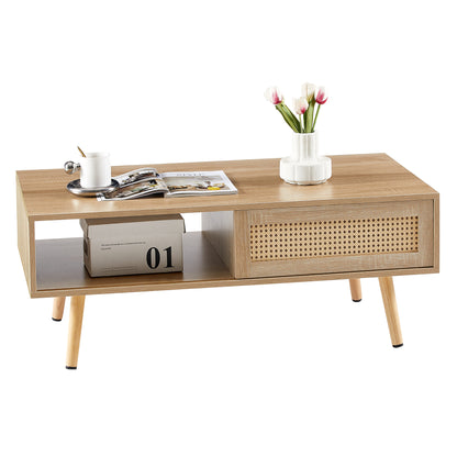 Rattan Coffee Table with Sliding Door Storage