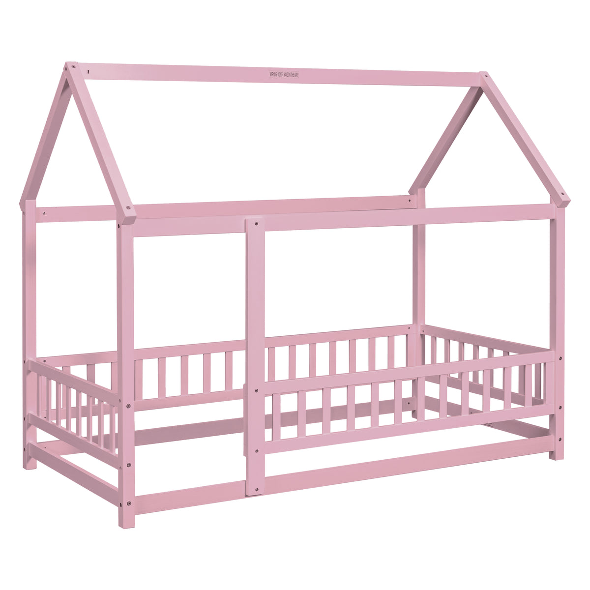 Twin Floor Bed with Fence Guardrails Pink