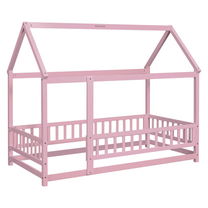 Twin Floor Bed with Fence Guardrails Pink