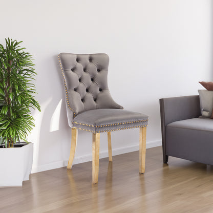 Tufted Velvet Dining Chair Set (2 pcs) – Gray & Gold Legs