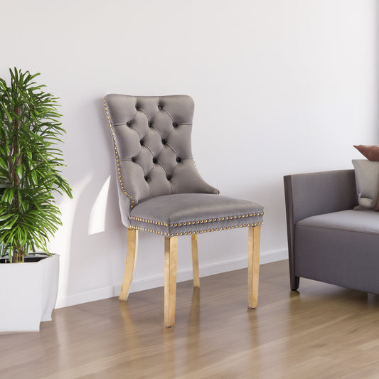 Tufted Velvet Dining Chair Set (2 pcs) – Gray & Gold Legs