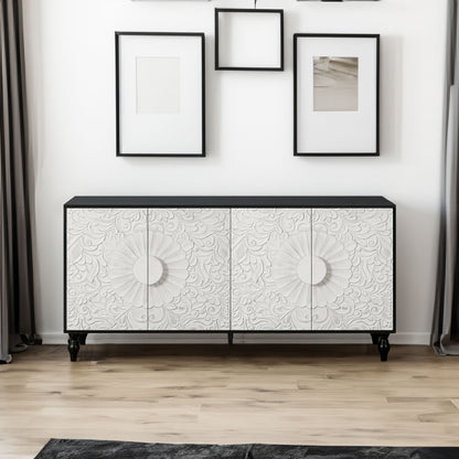 Vintage White Faceted Accent Cabinet with Black Frame