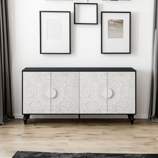 Vintage White Faceted Accent Cabinet with Black Frame
