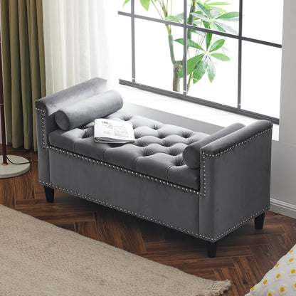 Velvet Storage Bench with Nailhead Trim Gray