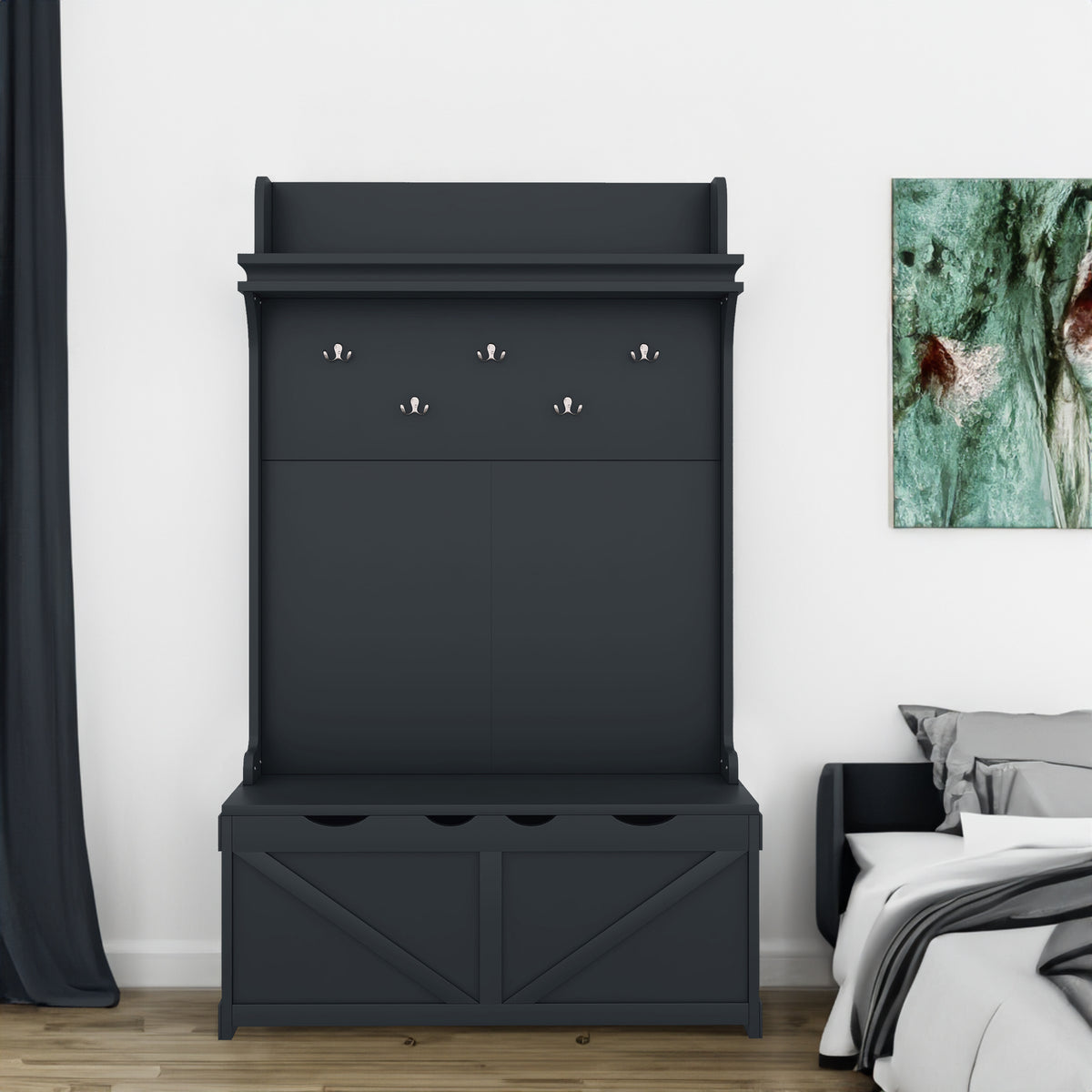 Dark Blue Hall Tree with Desk, Hooks, and Shelves