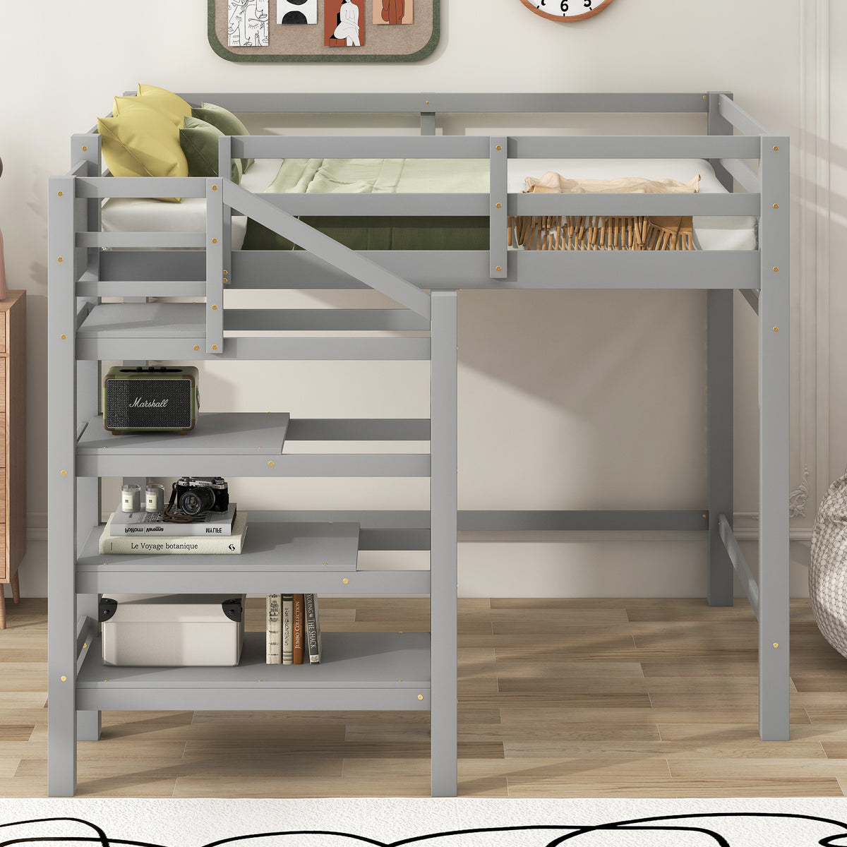 Full Loft Bed with Built-in Storage Gray