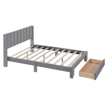 Velvet Platform Bed with Storage Drawer Gray