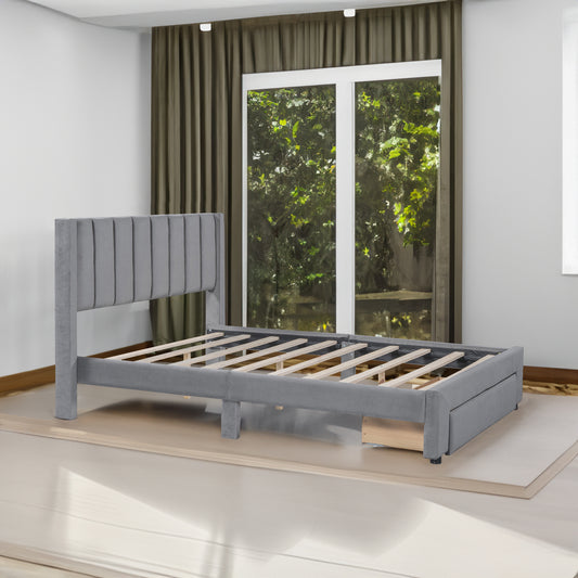 Velvet Platform Bed with Storage Drawer Gray