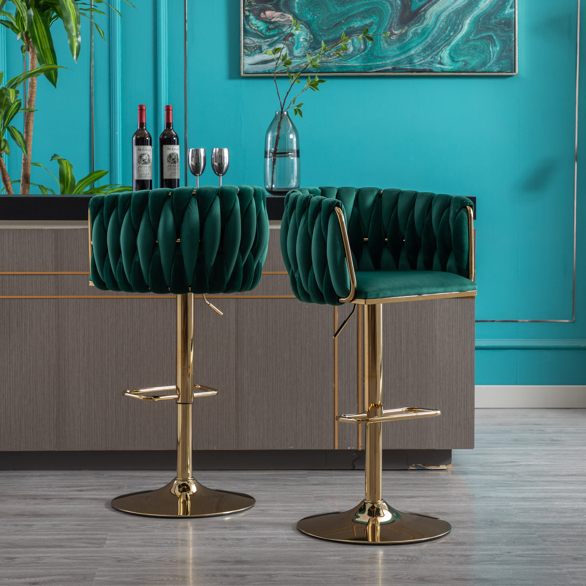 Velvet Swivel Bar Stools Set of 2 Green