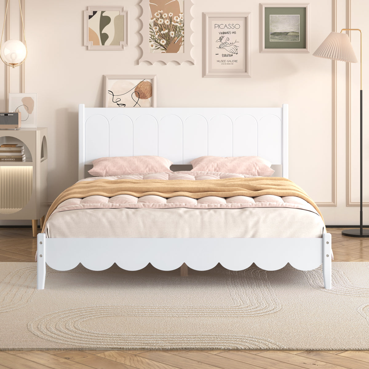 Queen Platform Bed with Rectangular Headboard White