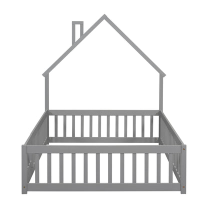 House Frame Bed with Fence Gray