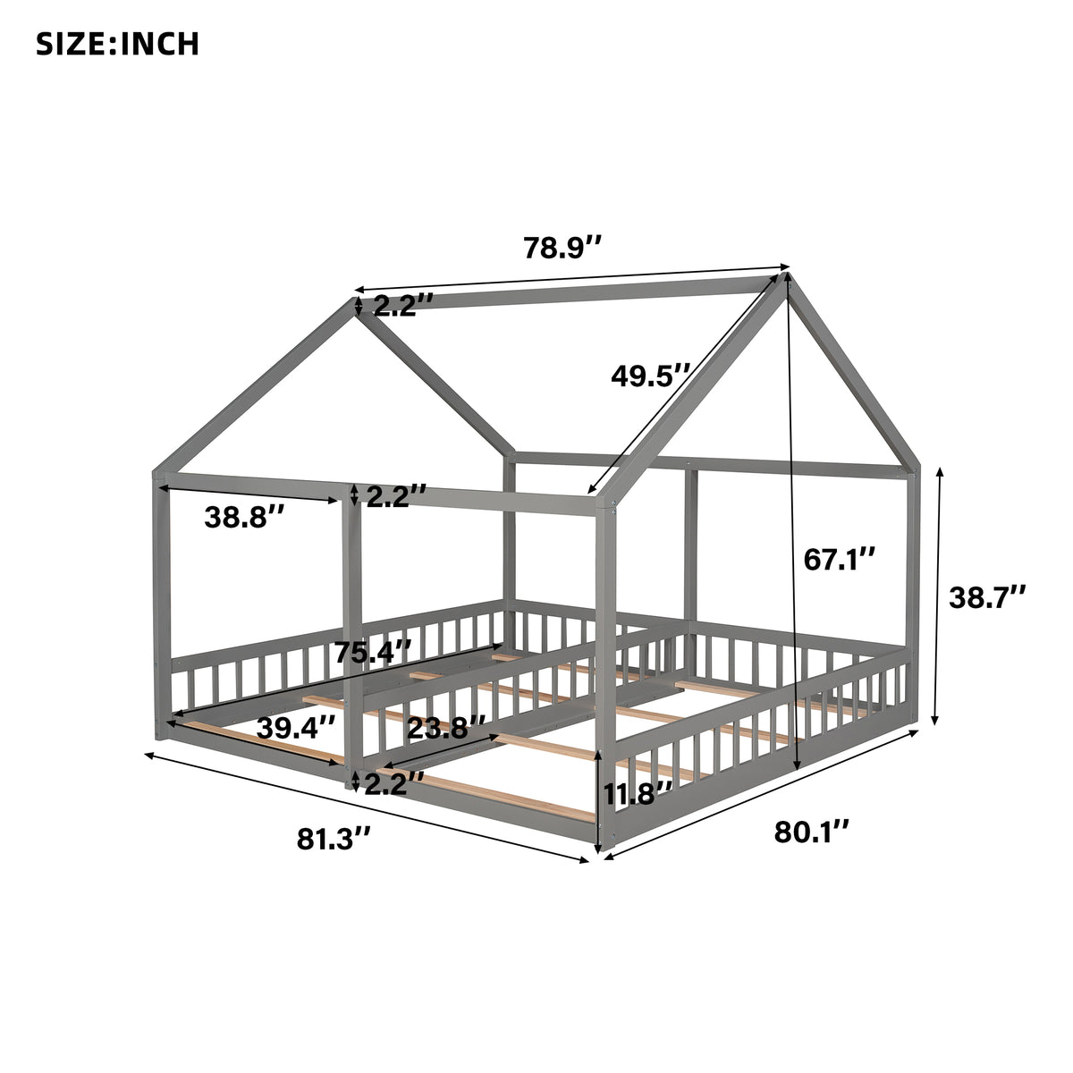 Twin House Platform Bed Gray