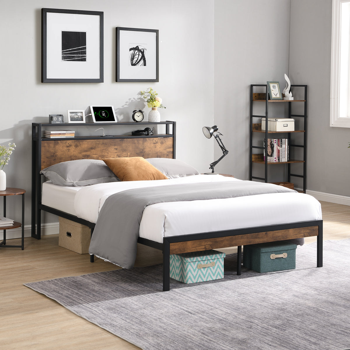 Metal Platform Bed with USB Liner Beige