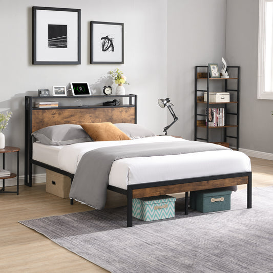 Metal Platform Bed with USB Liner Beige