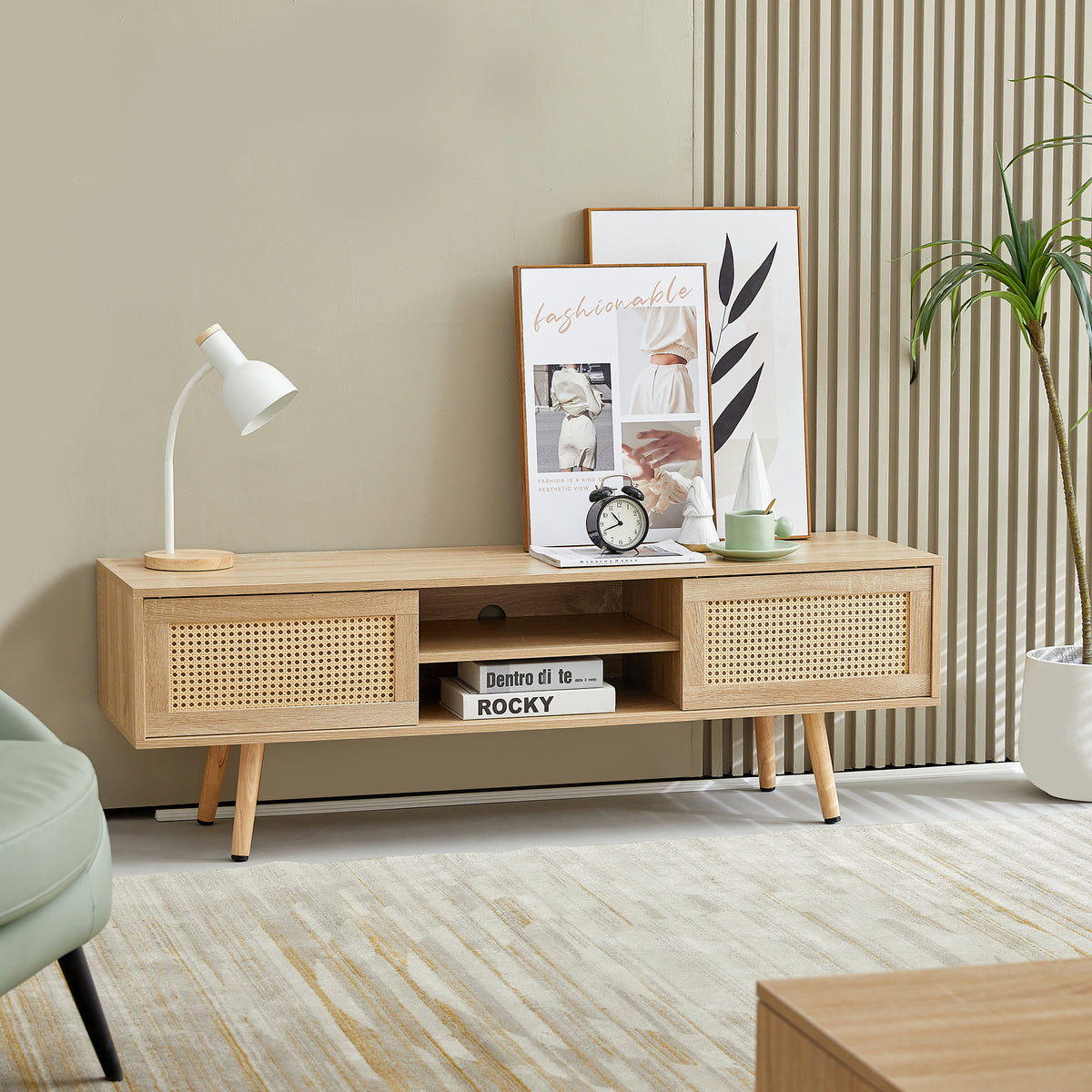 Rattan Wood TV Console – Adjustable Doors, Natural Finish
