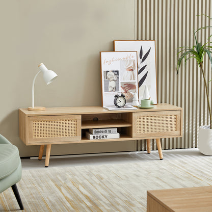 Rattan Wood TV Console – Adjustable Doors, Natural Finish