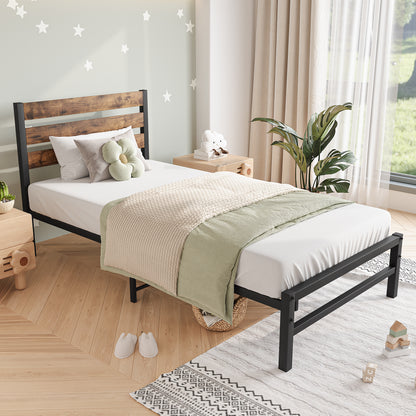 Twin Platform Bed with Rustic Headboard Brown