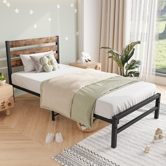 Twin Platform Bed with Rustic Headboard Brown