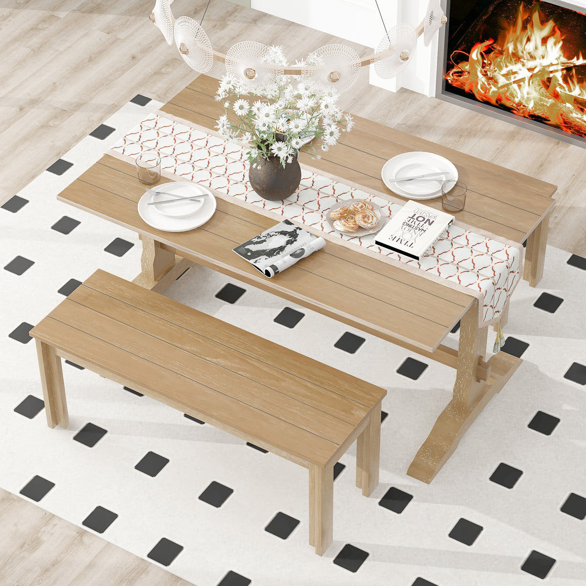 Retro Dining Set (3 pcs) – Natural Wood
