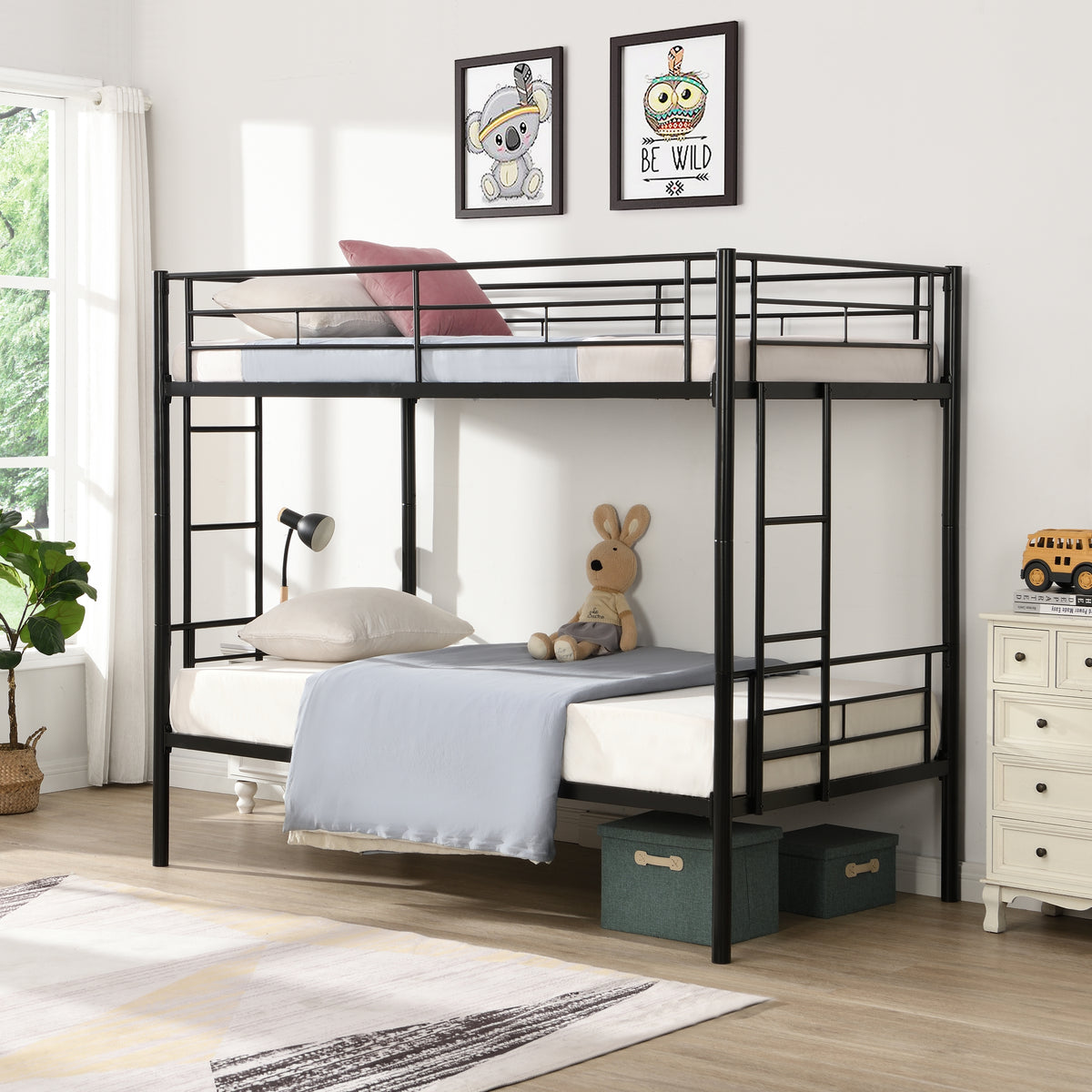 Full Metal Bunk Bed with Guardrails Black