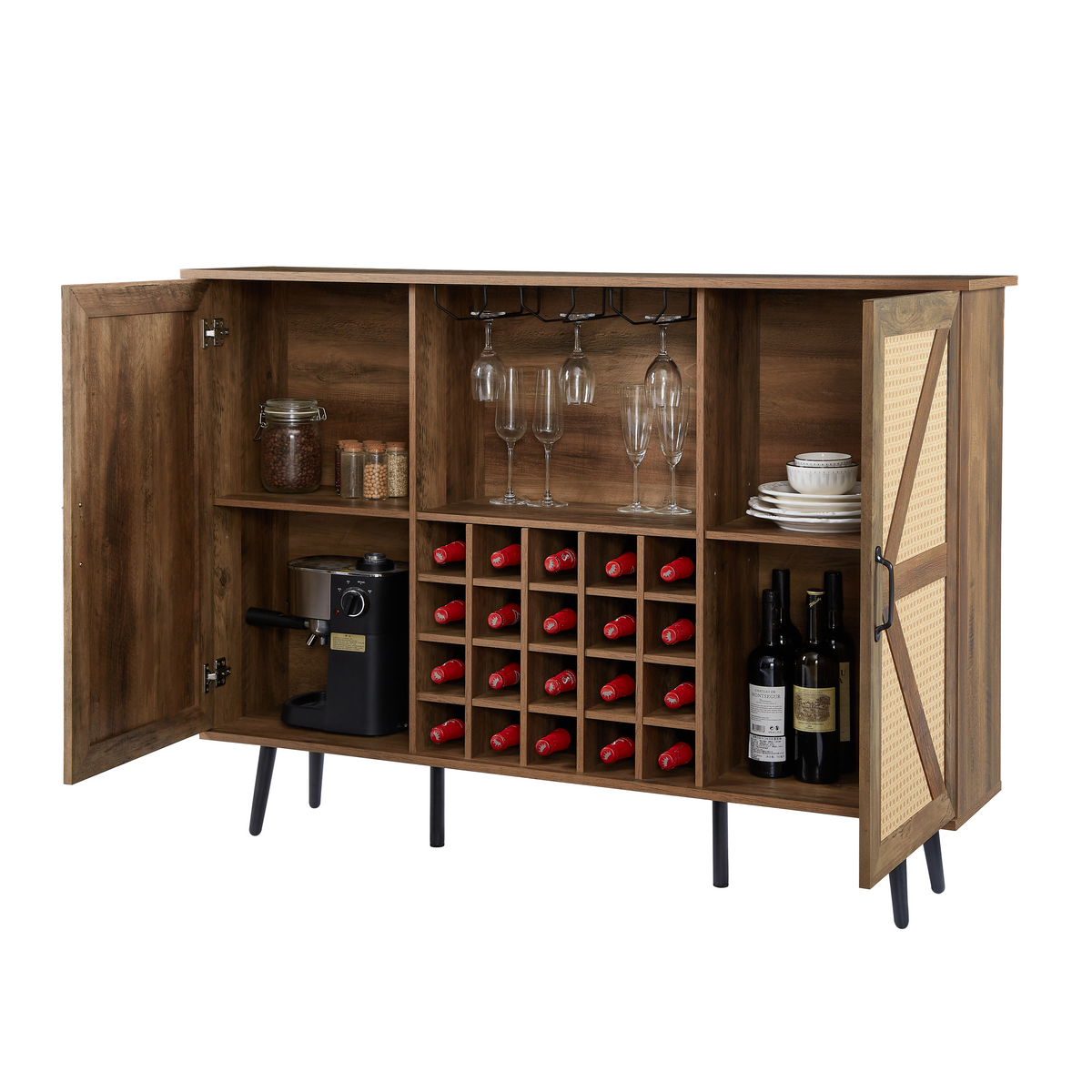 Oak Faux Rattan Wine Cabinet with Removable Shelves