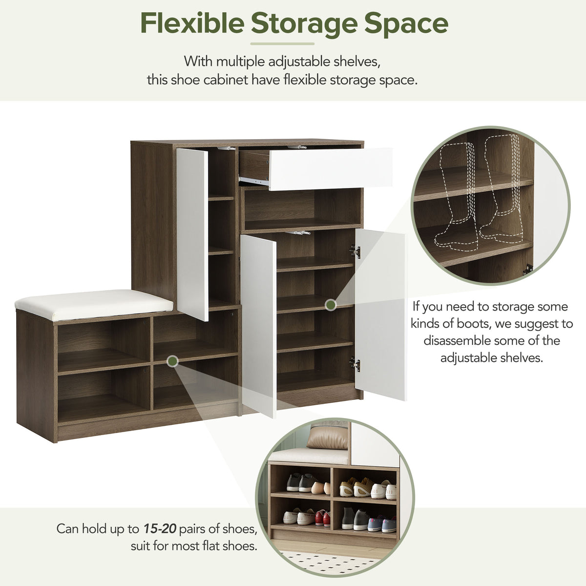 Shoe Cabinet with Soft Cushion Seat and Shelves