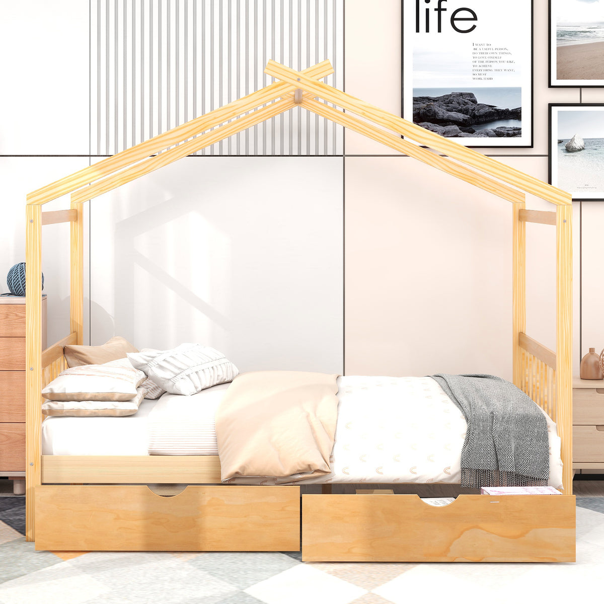 Full Platform Bed with Headboard – Natural Finish